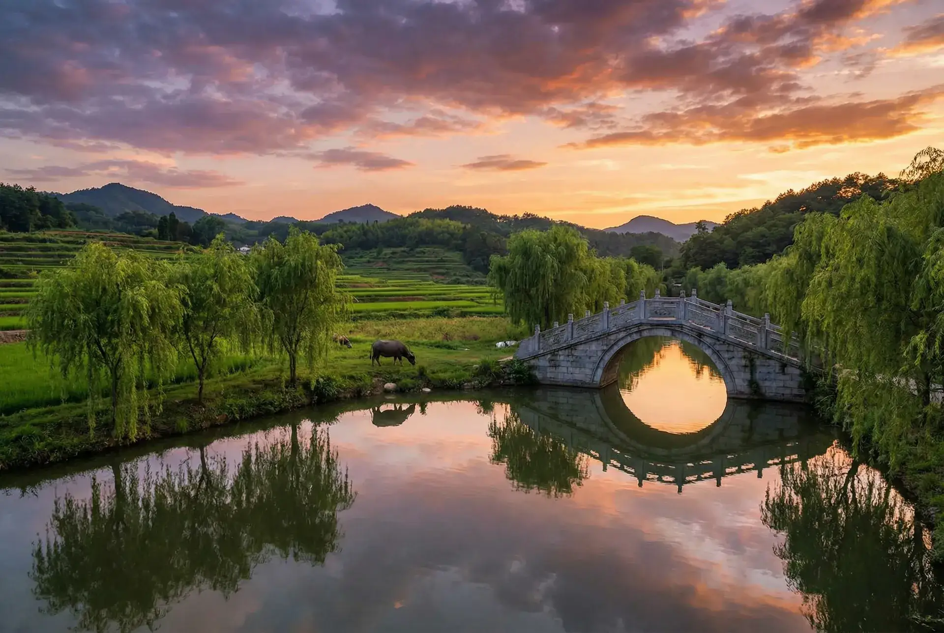 夕阳下的石拱桥与垂柳，水牛在河边吃草 - 八戒八戒在线影视免费 乡村美景